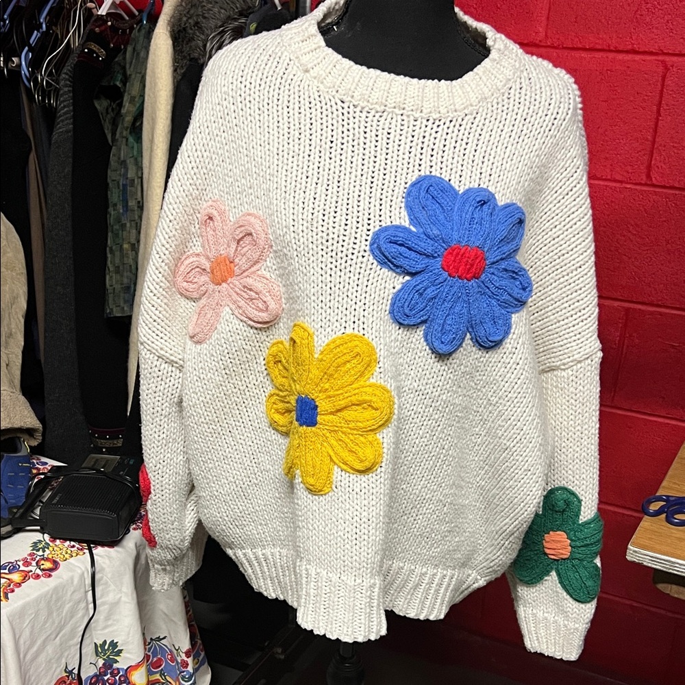 BiBi Floral Knit Sweater - White with Blue, Yellow, Pink, and Green Accents